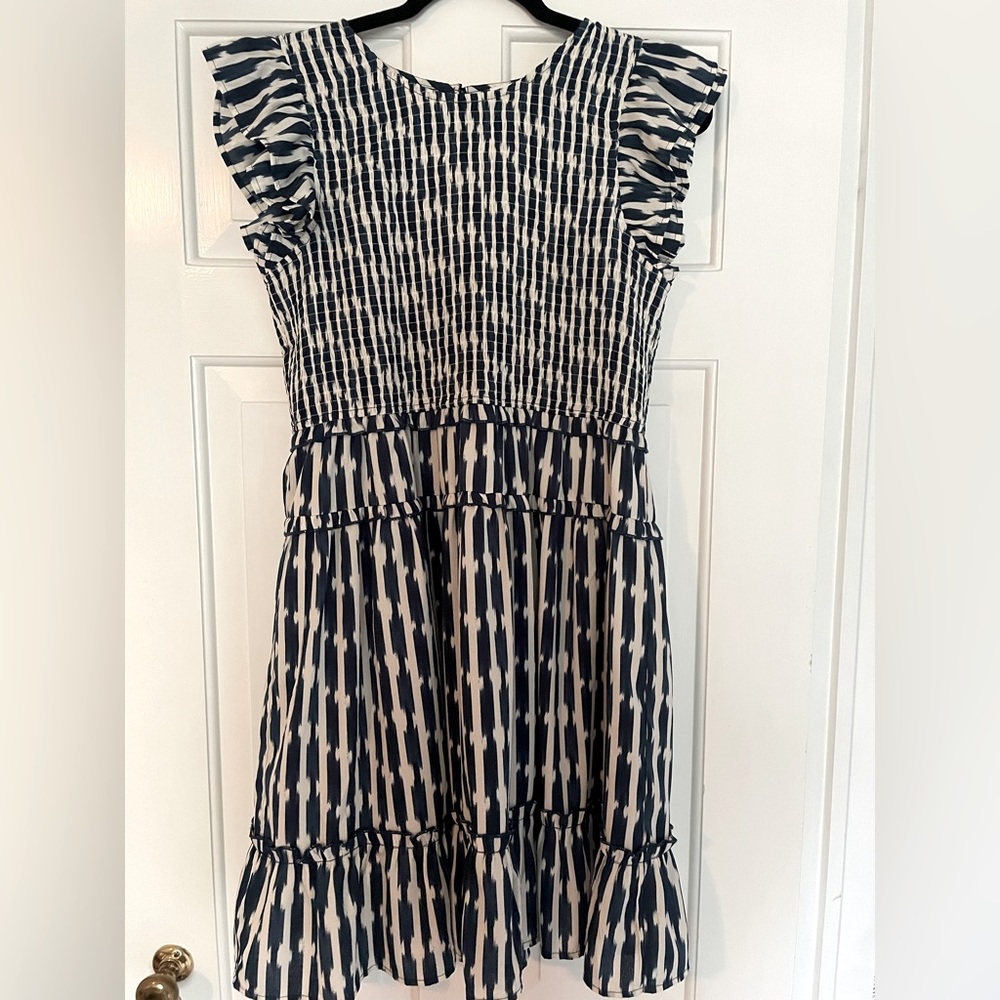 THML flutter sleeve smocked dress in Navy and Cream Ikat.